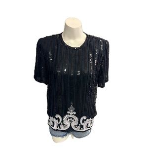 VINTAGE 80s STENAY BLACK SILK SEQUINNED BEADED SHORT SLEEVES TOP IN MEDIUM